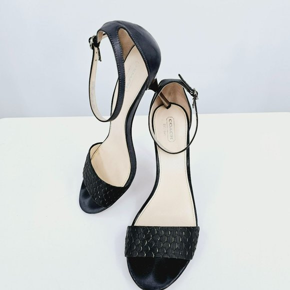 Coach Francesca Stiletto Heel Sandals 9.5 B Black Snake Embossed Leather Strappy - Picture 13 of 14